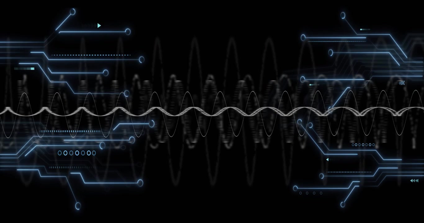 On startup white sine waveform oscillating pulsing as blue nodes lighting up, showing data flow