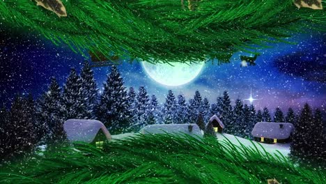 animation of falling snow over winter landscape and decorations