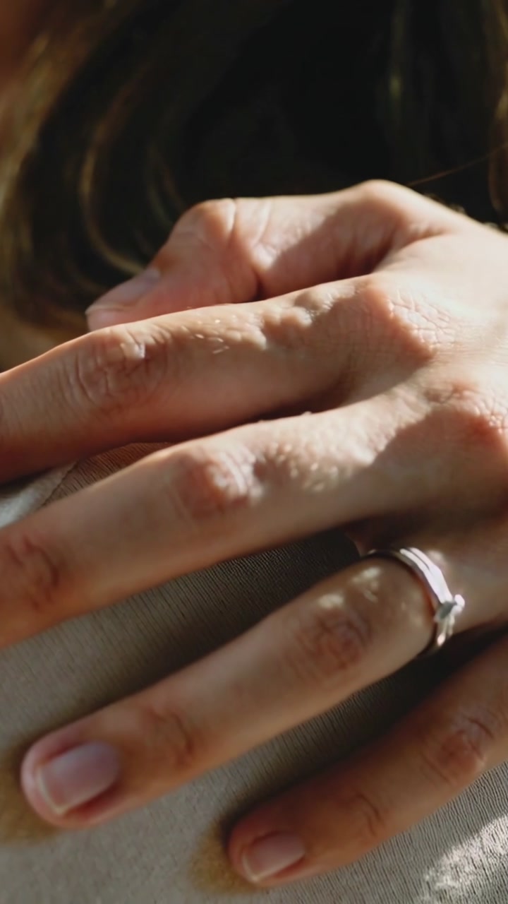 Vertical video: Placing woman's hand with ring on partner's beige back, hug starting, sun glinting