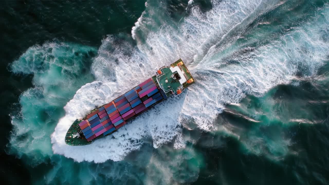 Dynamic Aerial View of a Freight Ship Navigating Through Turbulent Waters, Showcasing Colorful Cargo Containers and Powerful Waves Behind