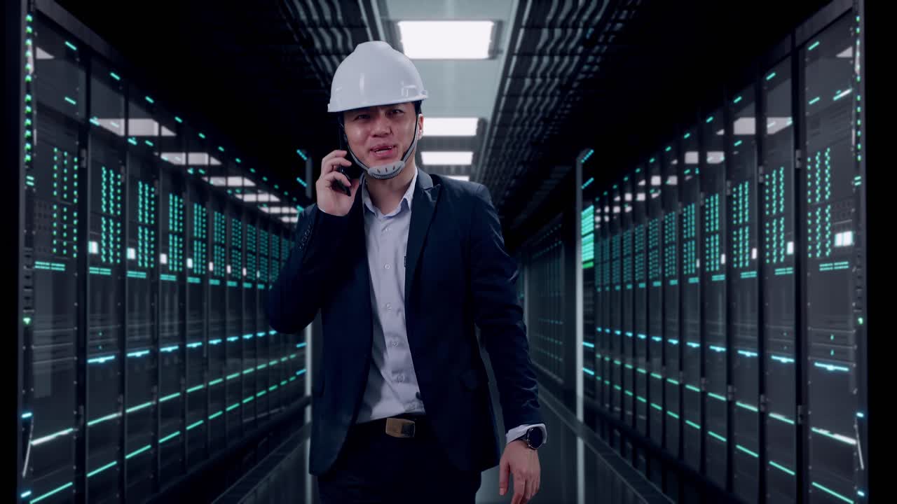 Front View of Asian Businessman Talking On Smartphone While Walking in Server Room Data Center