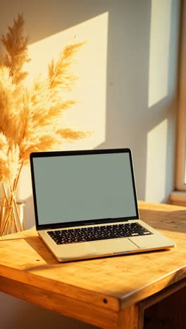 Laptop on a Wooden Desk with Pampas Grass in Sunlight
