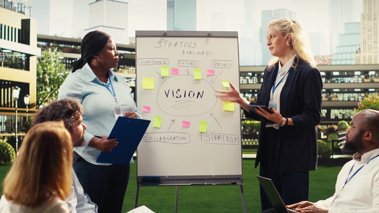 Team di presentatori eterogenei che spiegano la roadmap della vision board e i post-it