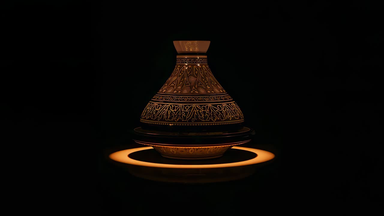 Anello luminoso rotante proietta pulsazioni calde su tajine conica in ceramica su supporto basso, evidenziando i motivi