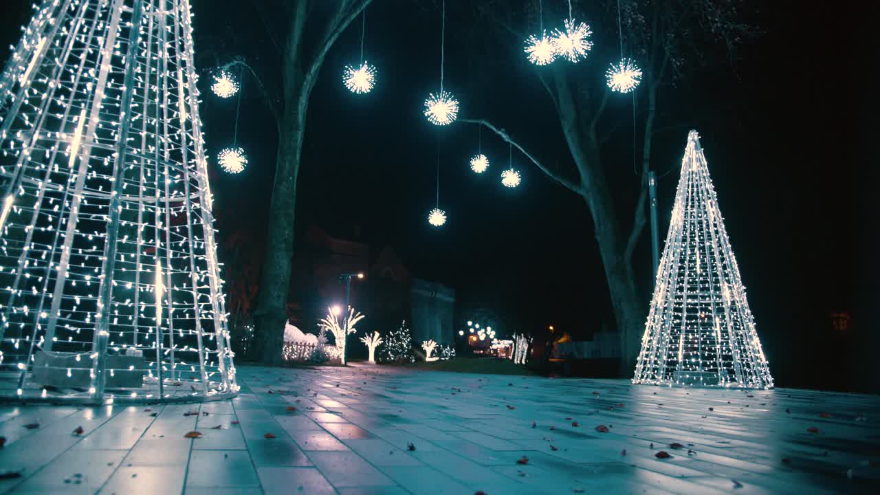 밤에 크리스마스 조명의 낮은 모드에서 영화적인 전방 스테디캠 샷, 일부 조명이 나무에 걸려 있고 led 조명이 있는 가짜 백송