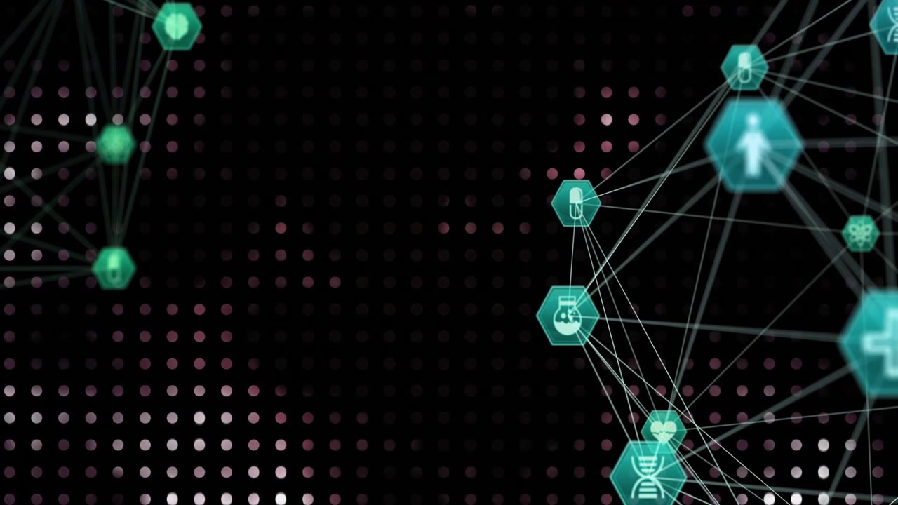 Faint nodes appearing sparking hexagonal medical icons emerging linking representing network growth