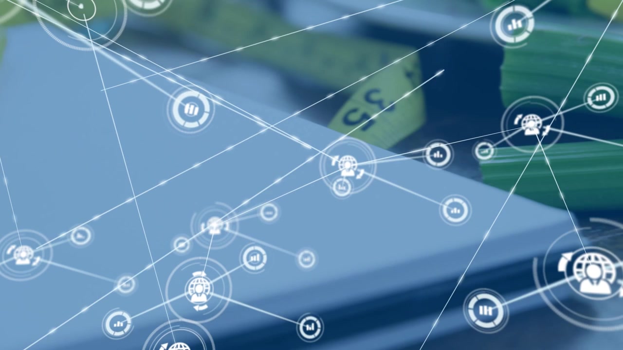 Animation of network of connections over construction plan on desk