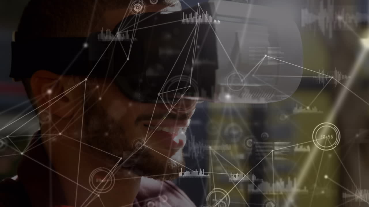 Animation af forbindelsesnetværk over forretningsmand der bruger VR-headset