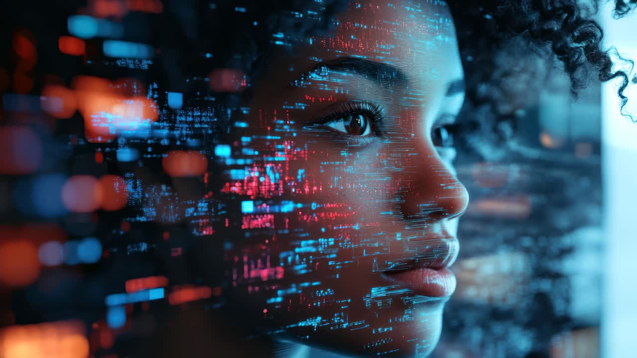 Primo piano del profilo di una donna con sovrapposizione di codice digitale, che suggerisce concetti tecnologici o video futuristici