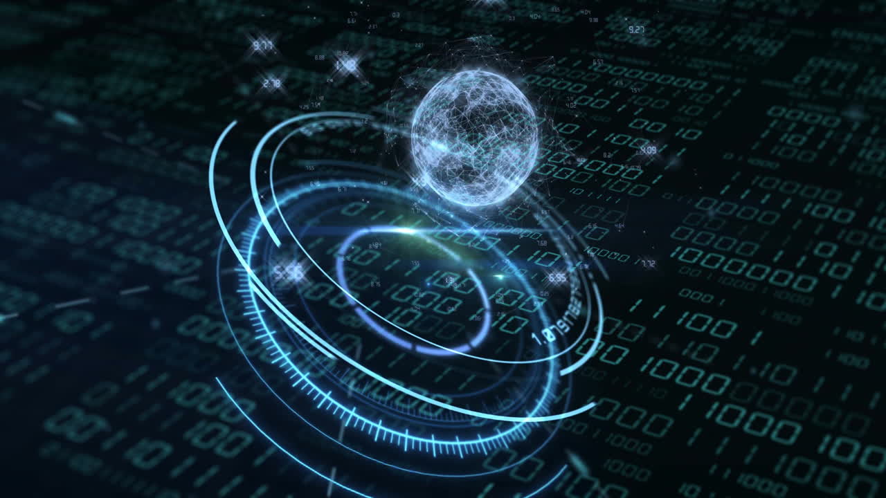 animación del globo con codificación binaria y procesamiento de datos sobre fondo oscuro