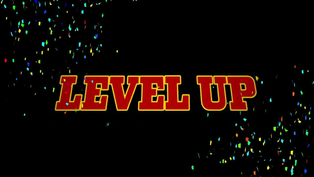 검은색 배경의 다채로운 콘페티 위에 텍스트 애니메이션을 레벨 업