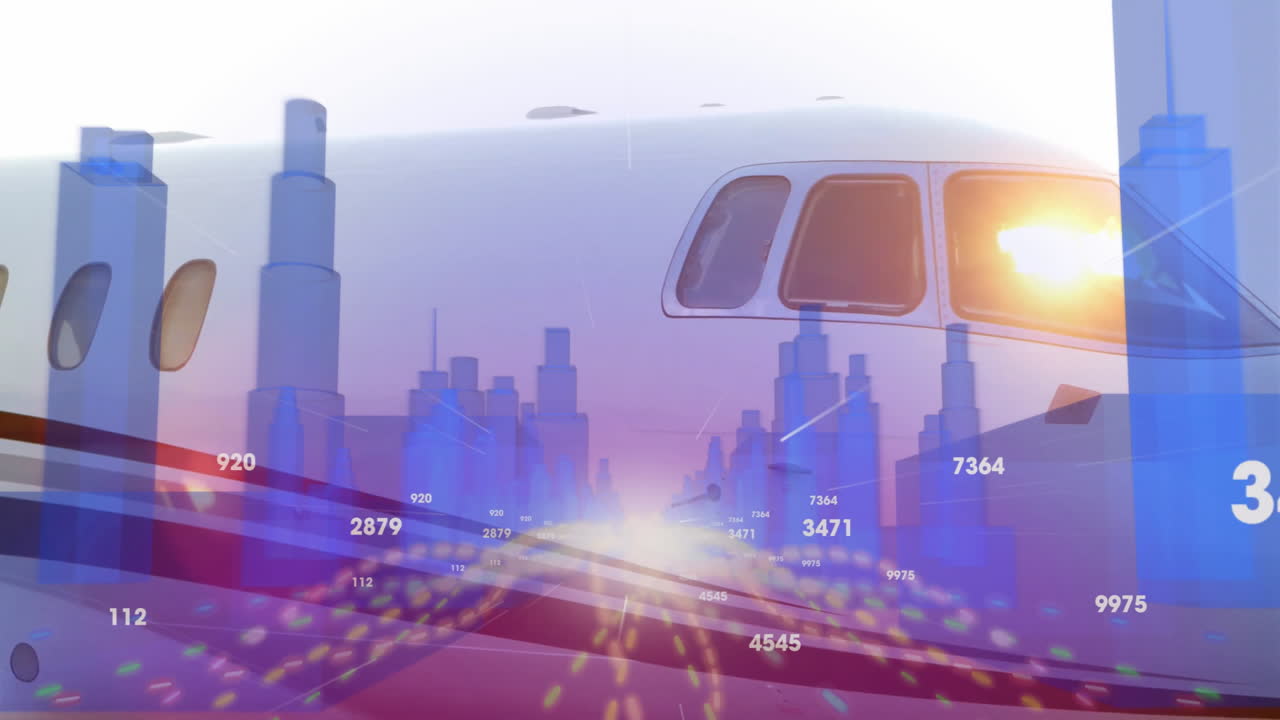 Digital data and bar graphs overlaying airplane scene, animation in progress