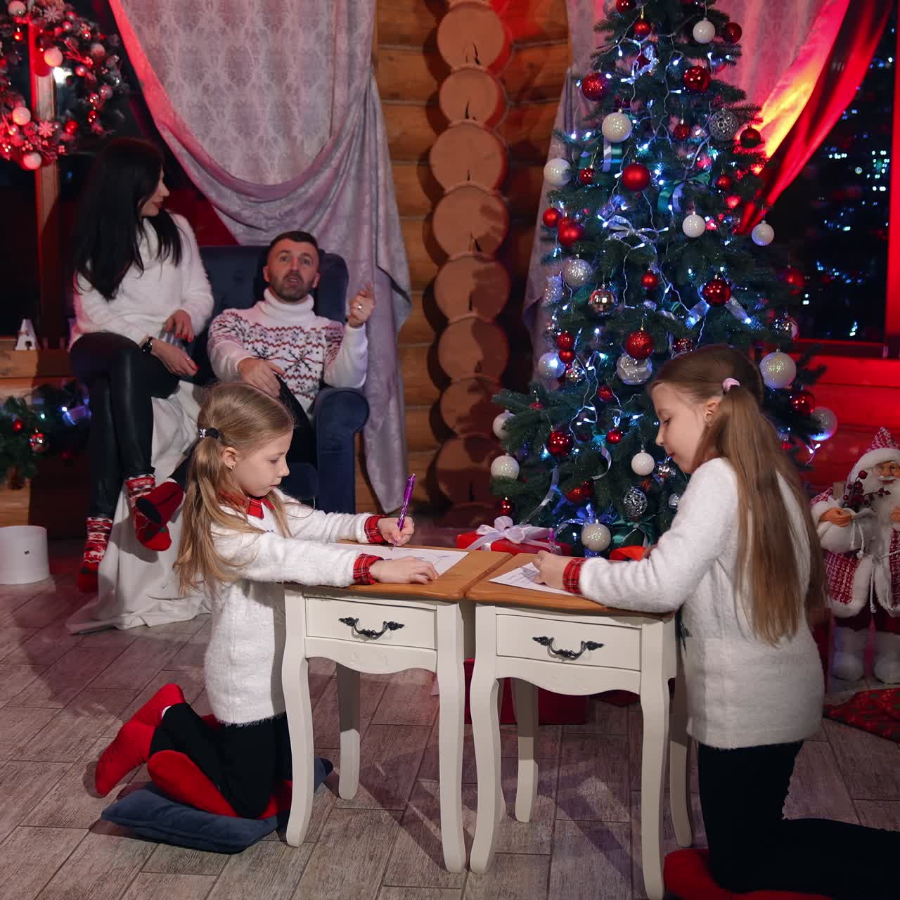 Indoor home family christmas vibe. New year family celebration with santa claus