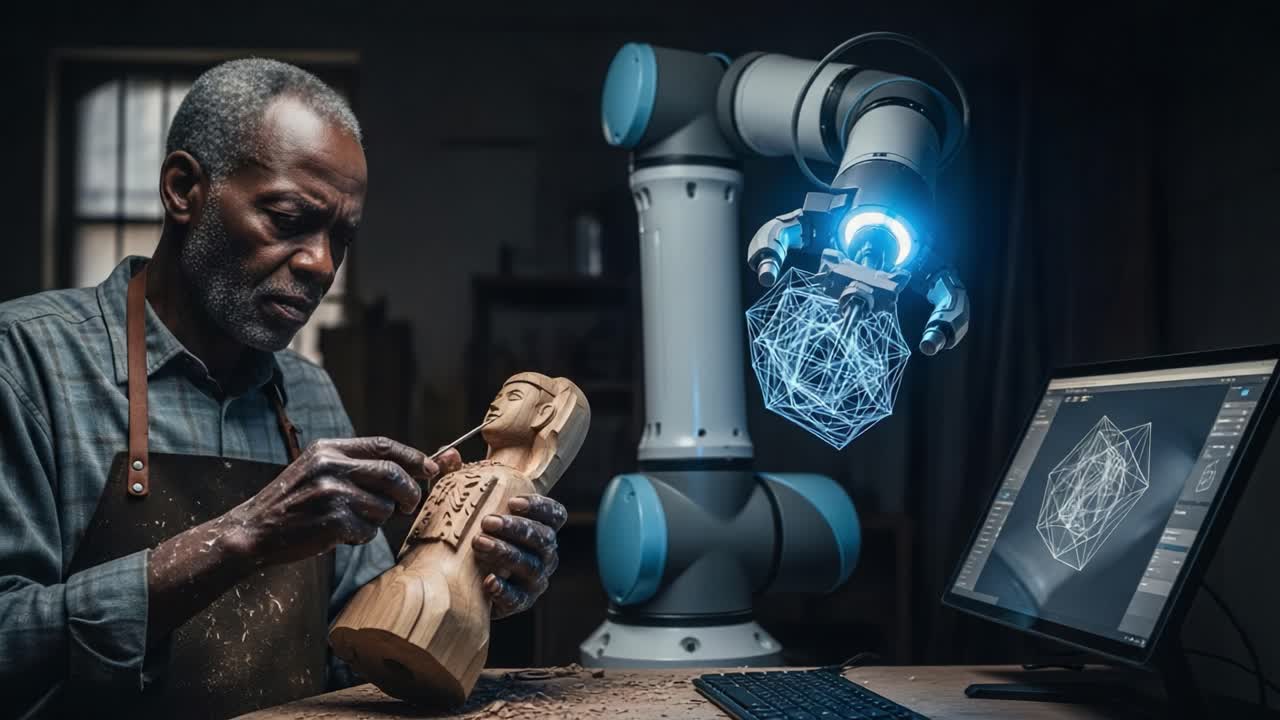 A Fusion of Tradition and Technology: An Artisan Sculptor Collaborates with a Programmable Robot to Create a Detailed Wooden Figurine in a Workshop Atmosphere