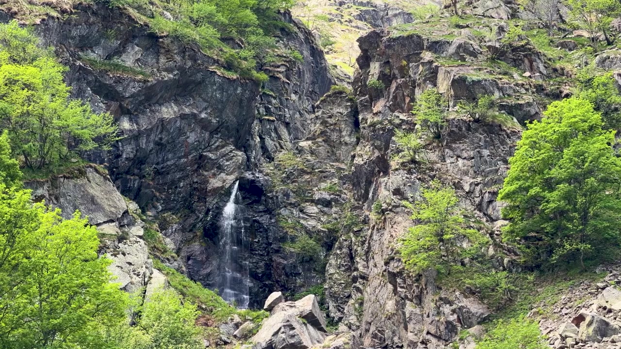 Inquadratura ampia statica di una cascata di montagna che scorre su rocce scure circondata da alberi verdi.