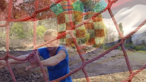 animation of flag of netherlands over caucasian woman during obstacle race training