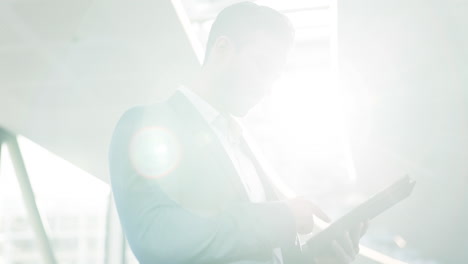 office, man and tablet with lens flare