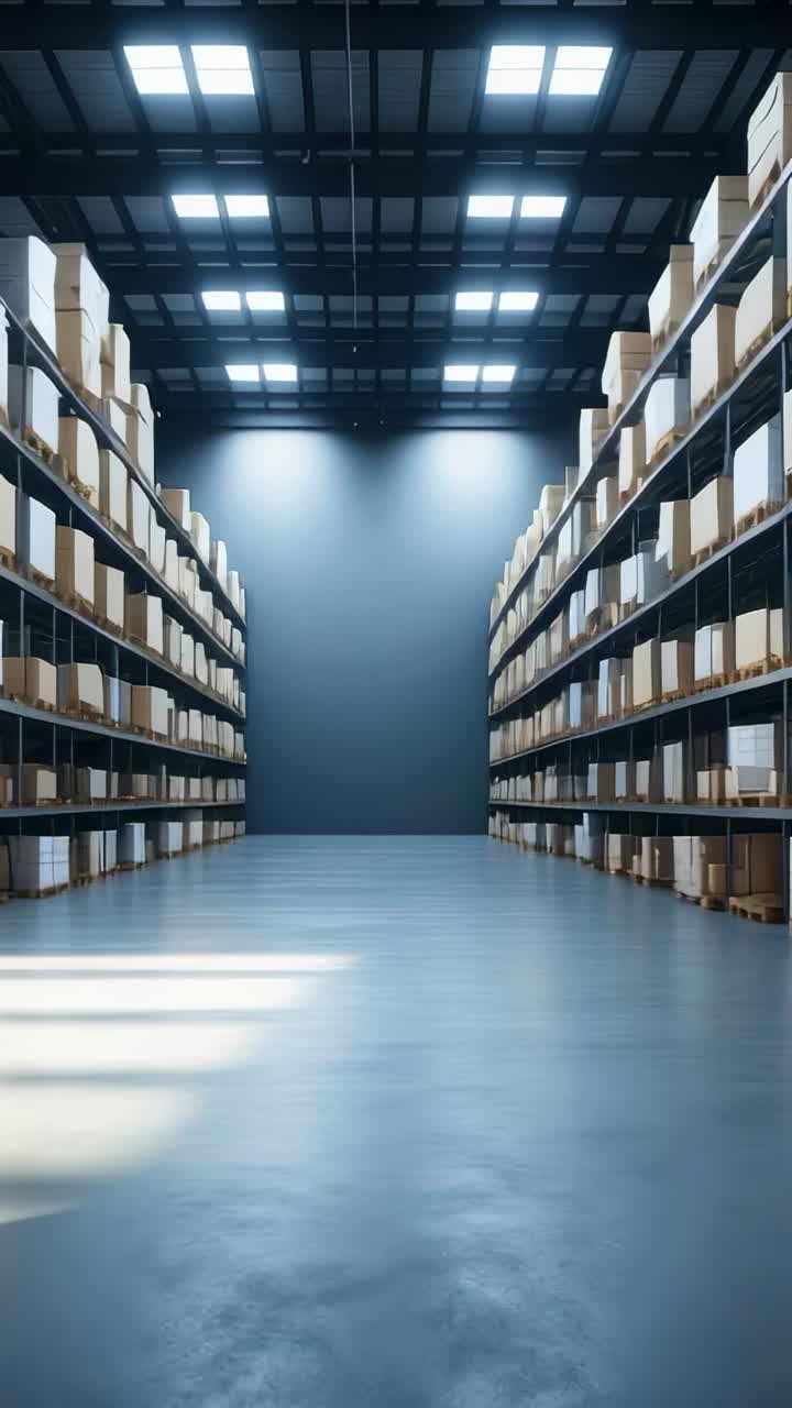 Vertical video: Camera capturing warehouse aisle under LED lights, with racks and boxes