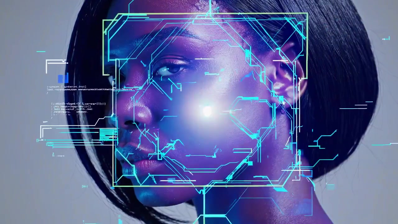 Portrait of a Young Woman with Digital Facial Recognition Overlay