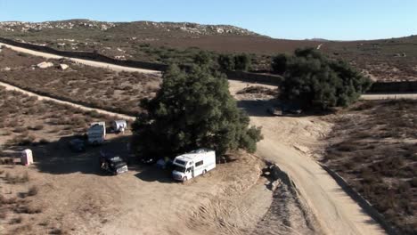 Campers-are-parked-under-a-tree-in-a-remote-area