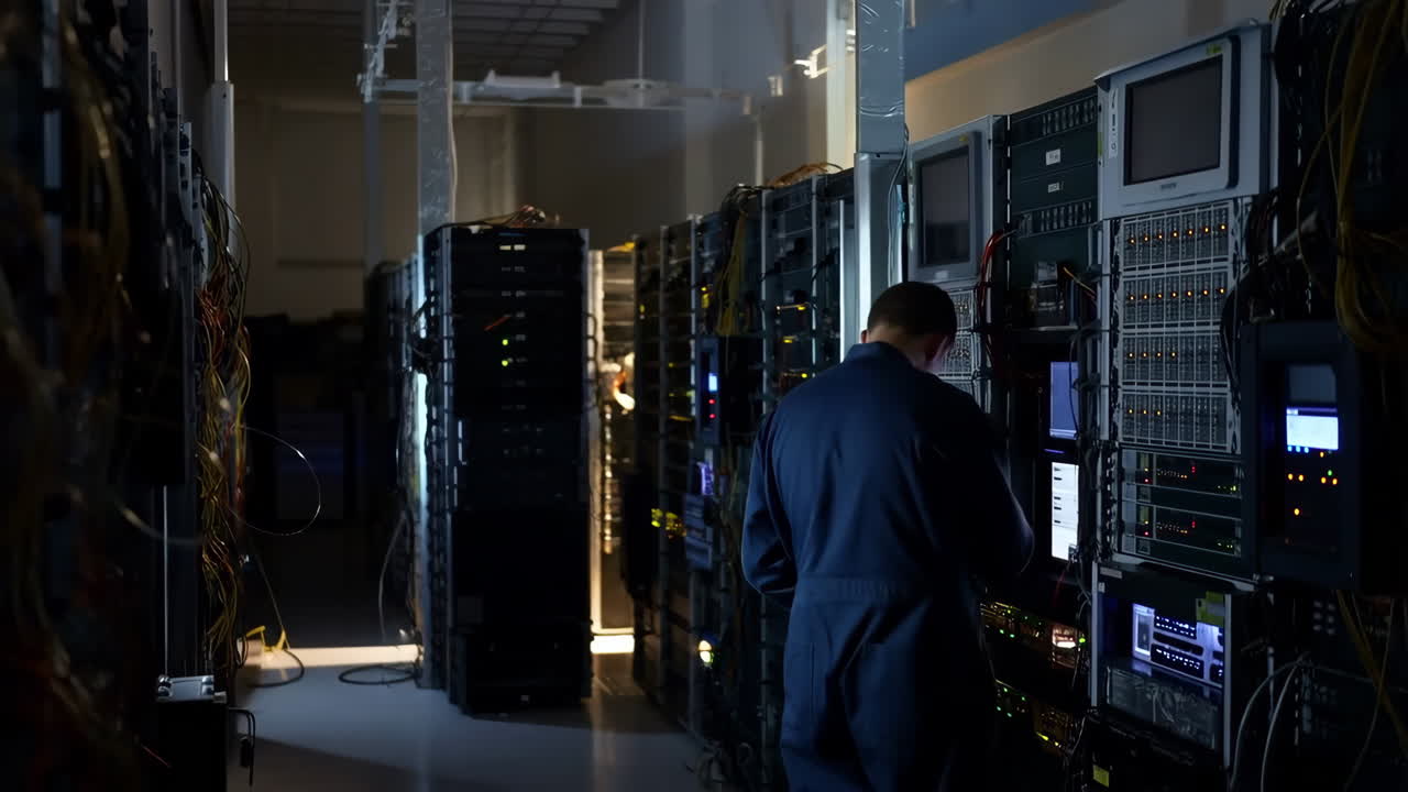 Technician working on server racks in a data center