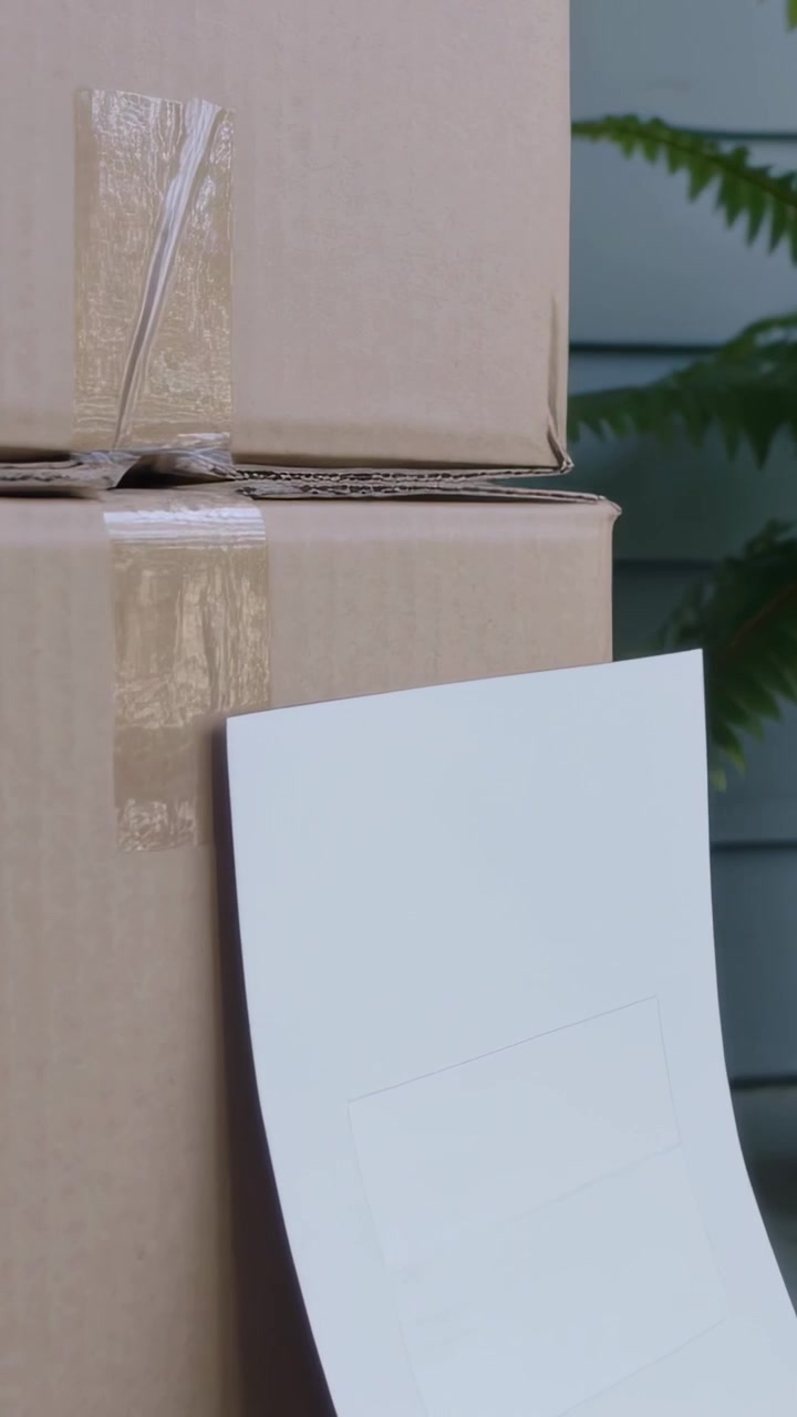 Vertical video: Offscreen hand pulling blank card from boxes onto porch, presenting card near fern