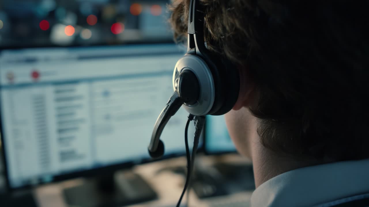 A Focused Individual Engaged in Remote Communication, Utilizing Headset Technology While Accessing Information on Dual Monitors in a Dynamic Environment