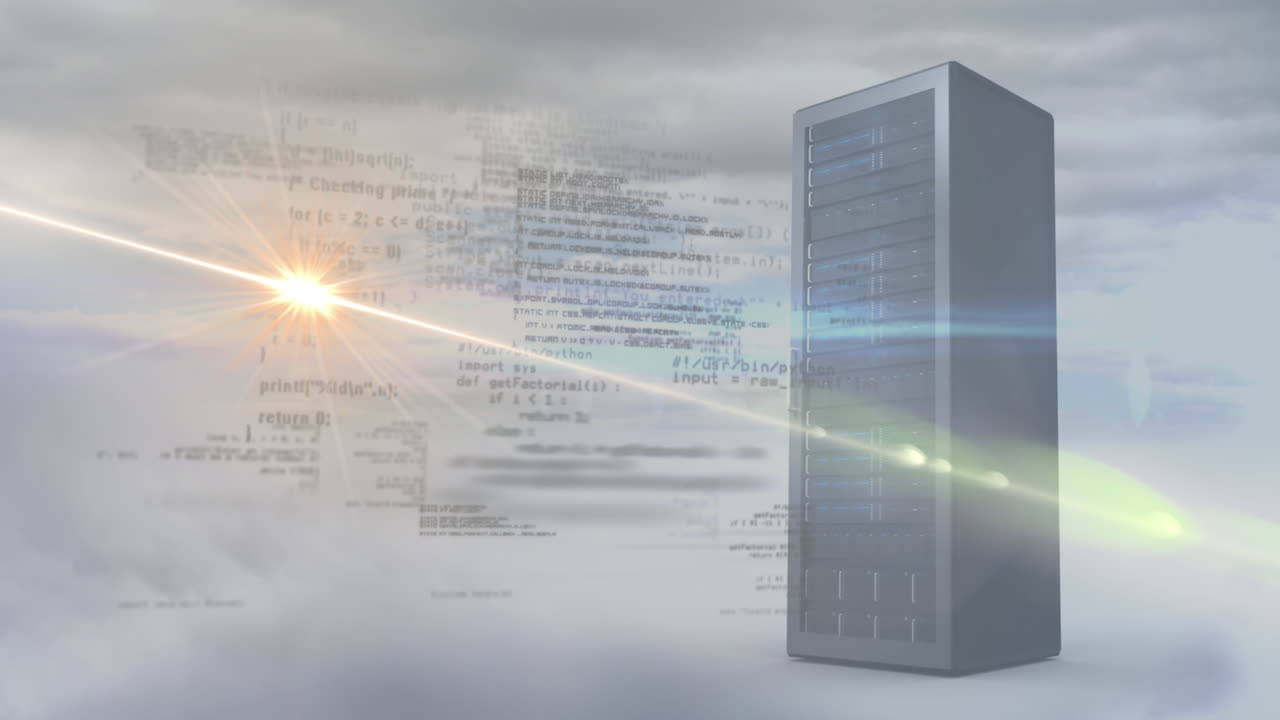 Animation of data processing over server and sky with clouds