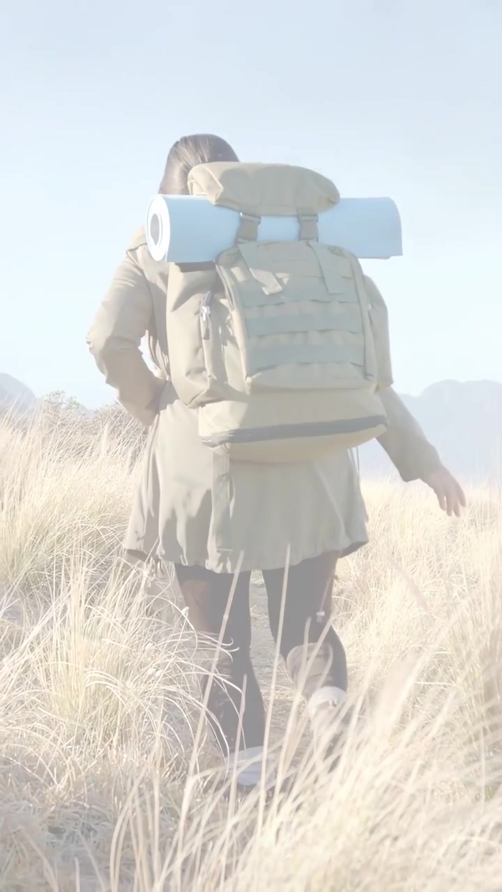 Vertical video: Hiker stepping onto trail, ascending with pack, animated route guiding her travel