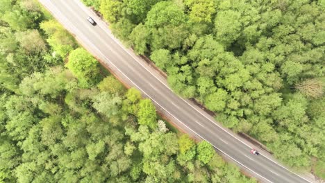 Vista-Aérea-Estática-De-Alto-ángulo-Del-Tráfico-De-Automóviles-En-La-Carretera-Entre-Campos-De-Bosque-Verde