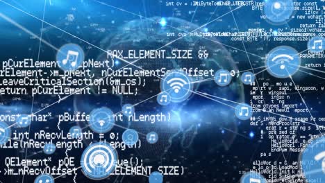 animación de una red de iconos digitales y procesamiento de datos sobre un globo giratorio sobre fondo azul