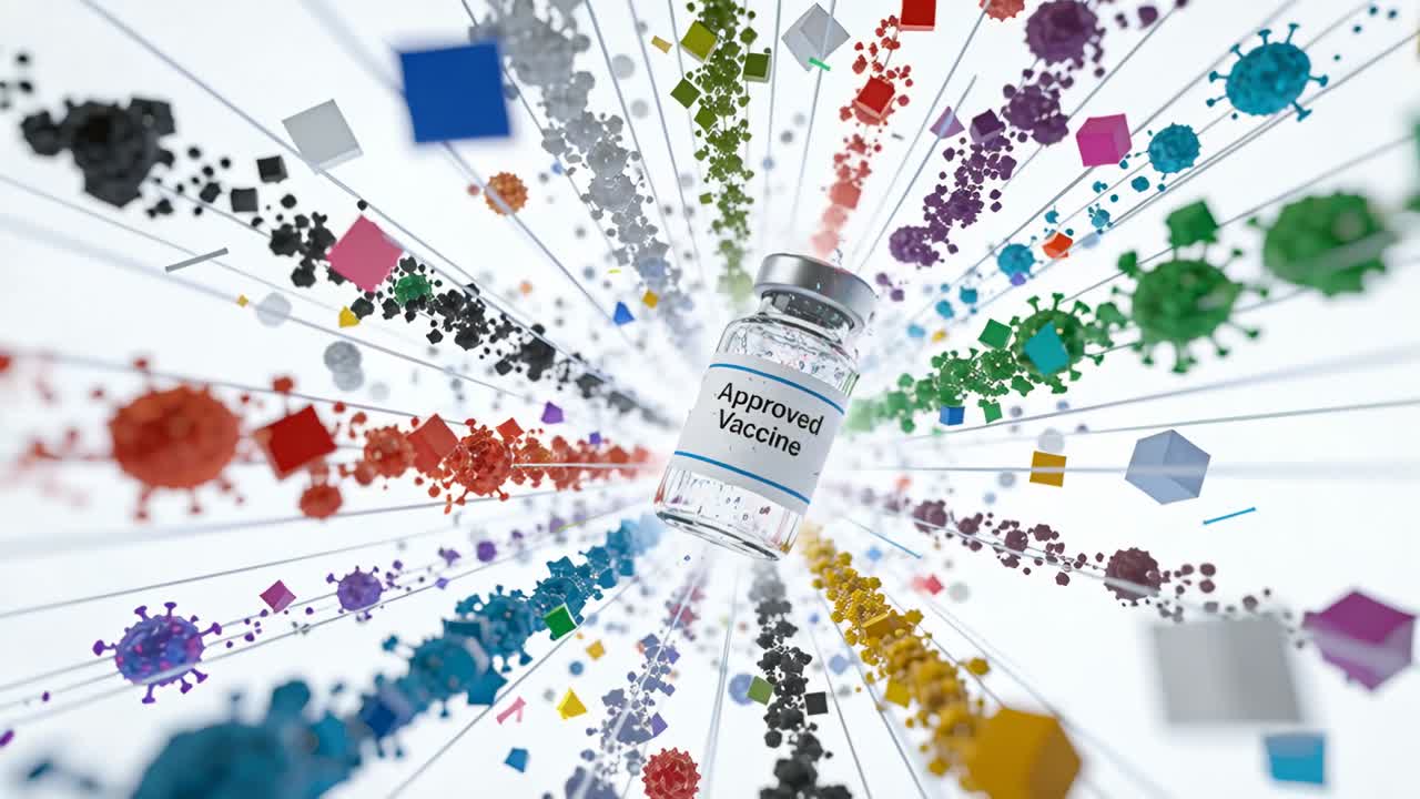 Rotierendes zentrales Glas-Impfstofffläschchen, beschriftet mit „Zugelassener Impfstoff“, im Studio, Kamerabewegung stellt Viren dar