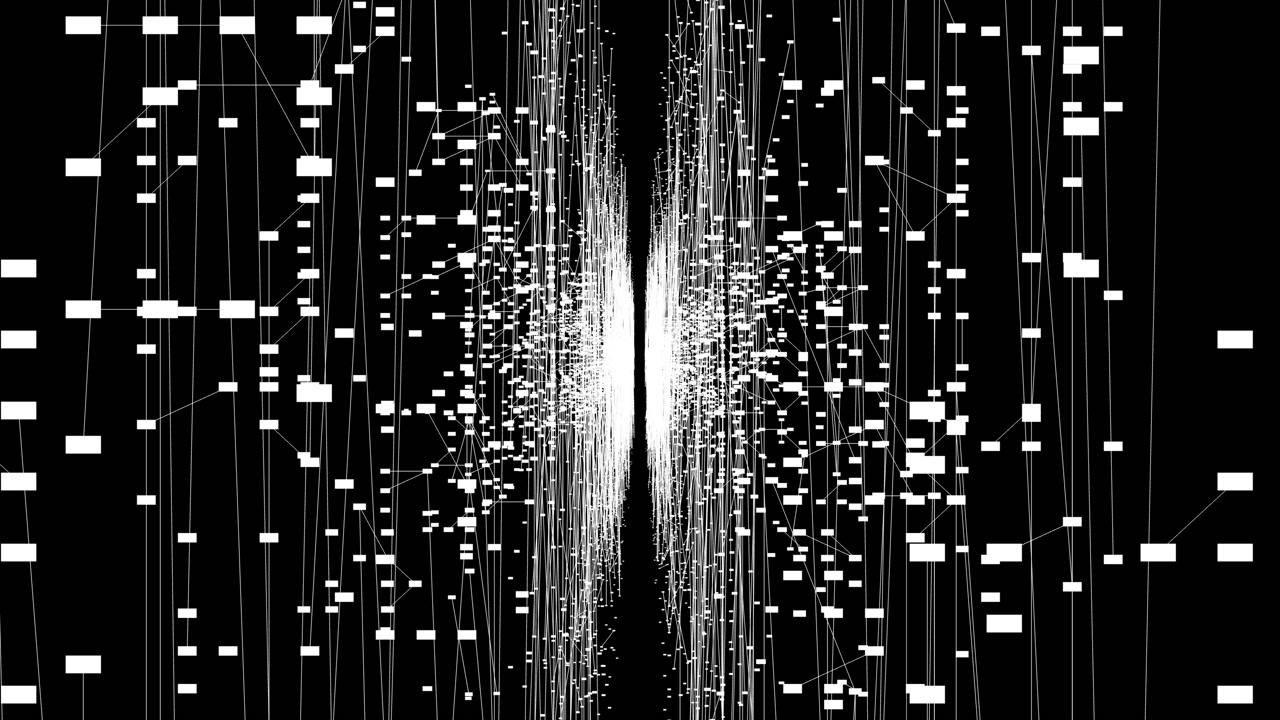 A 4k symmetrical perspective of white data points and nodes moving through a virtual tunnel. Best for server room concepts, VR environments, and cloud computing visuals.