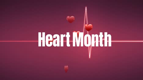 Animation-of-heart-month-text-over-hearts-and-cardiogram-on-red-background