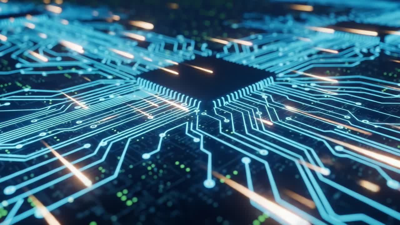 Close-up View of a Complex Circuit Board Featuring Interconnected Pathways and Electronic Components with Bright Light Emissions, Showcasing Modern Technology