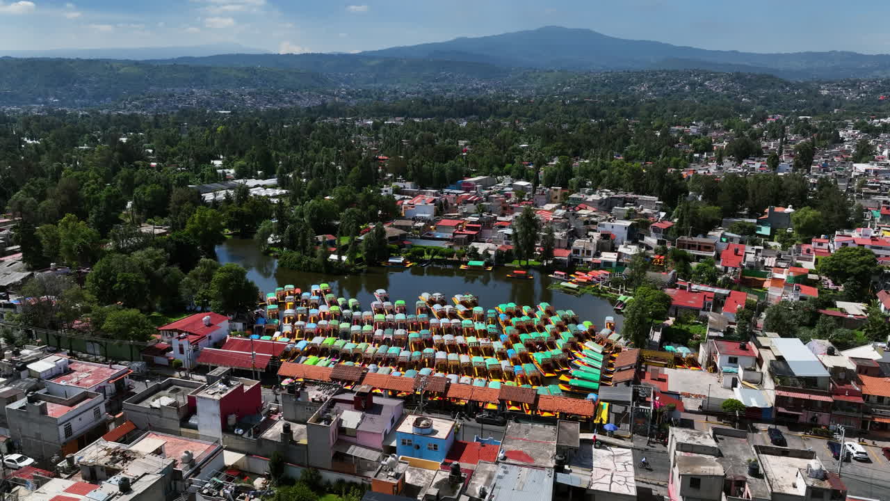 Aerial View of Xochimilco Canals and Colorful Trajineras in Mexico City