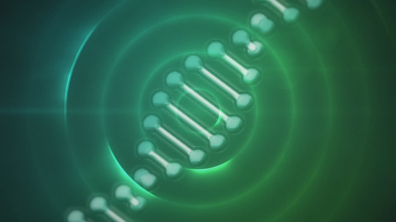 Animazione di un filamento di DNA su cerchi verdi.