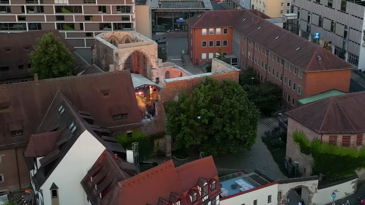 4K Aerial Drone Video of Band Performing in the Ruins of a Medieval Church in Nurnberg, Germany