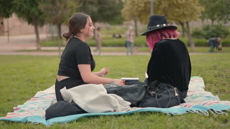 dos mujeres disfrutando de un picnic en el parque