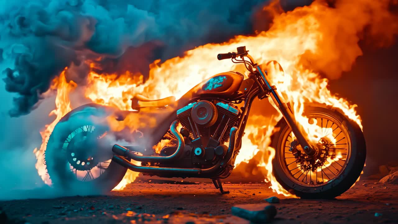 오토바이가 지상에서 불꽃에 싸여 있습니다.
