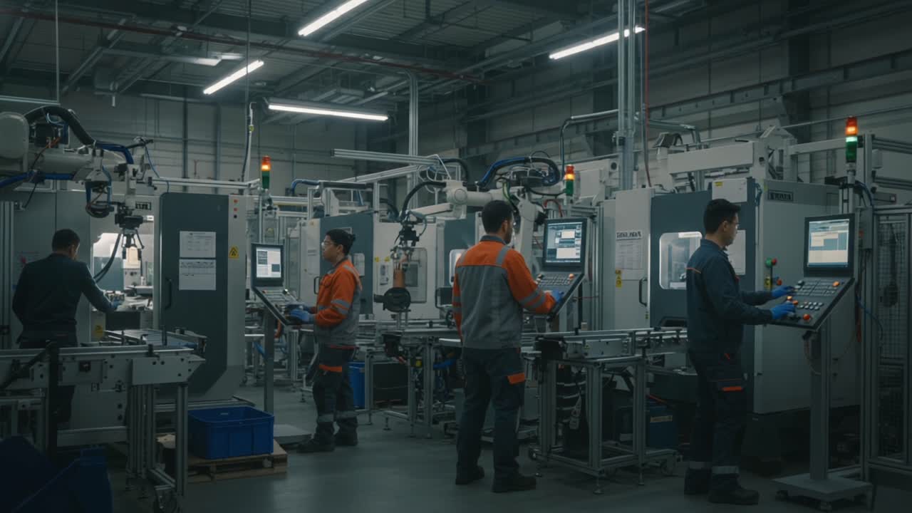 View of an Automated Manufacturing Facility with Operators Managing Machinery and Equipment, Highlighting the Integration of Technology in Industrial Processes