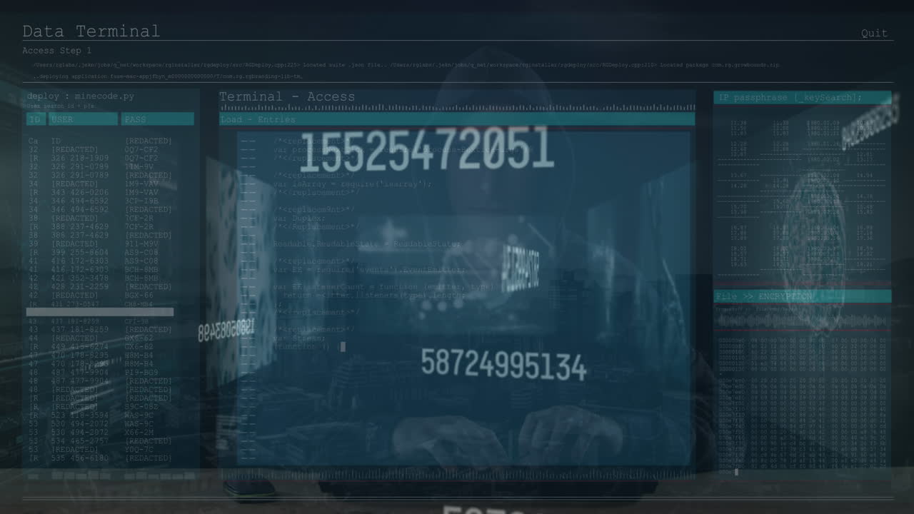animación del procesamiento de datos sobre un hacker caucásico