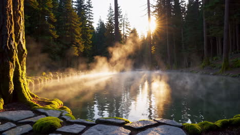 misty sunrise at a mountain hot spring