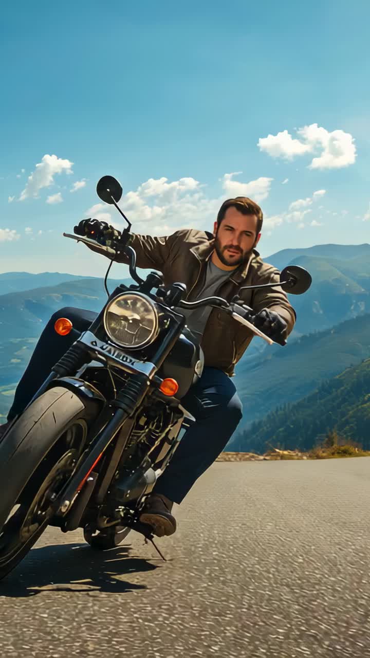 Video verticale: motociclista con giacca marrone in sella a una moto nera affronta una curva su una strada di montagna, senza casco