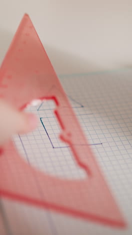 elementary school student draws square shape side with ruler and pen on copybook page at desk