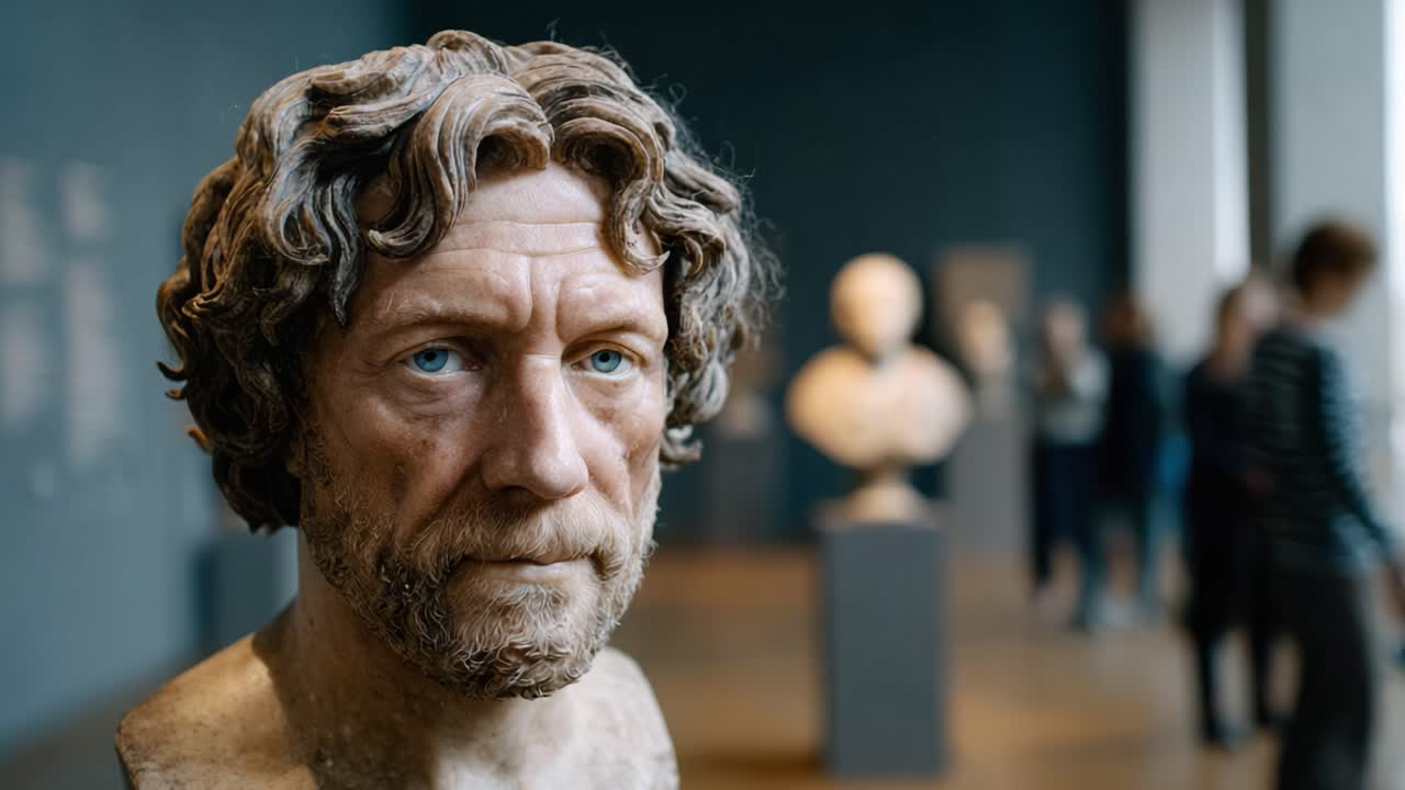 Lähikuva realistisesta veistetystä rintakuvasta, jossa on yksityiskohtaisia kasvonpiirteitä ja ilmeitä, sijoitettuna museotaustalle muiden taideteosten kanssa.