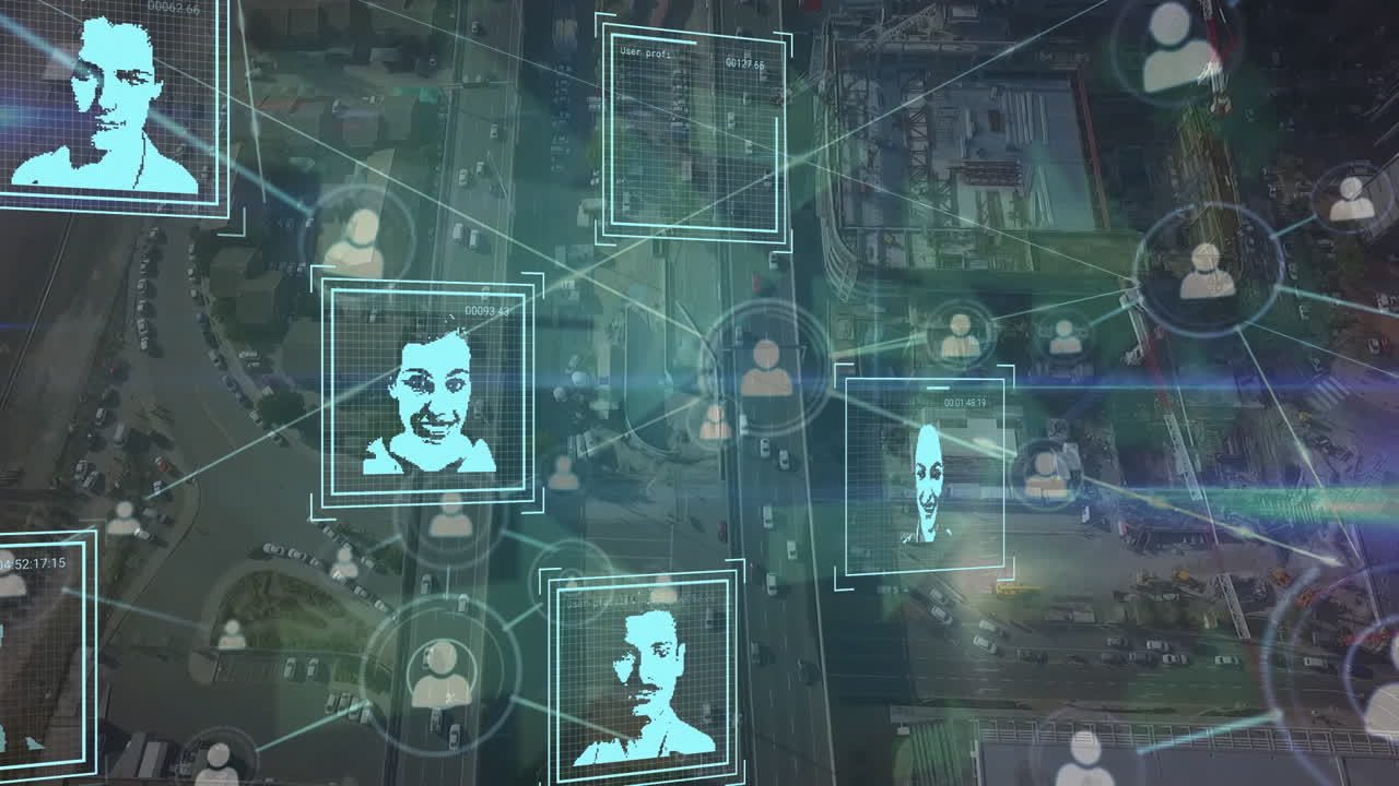Animation of network of connections with diverse people portraits over cityscape