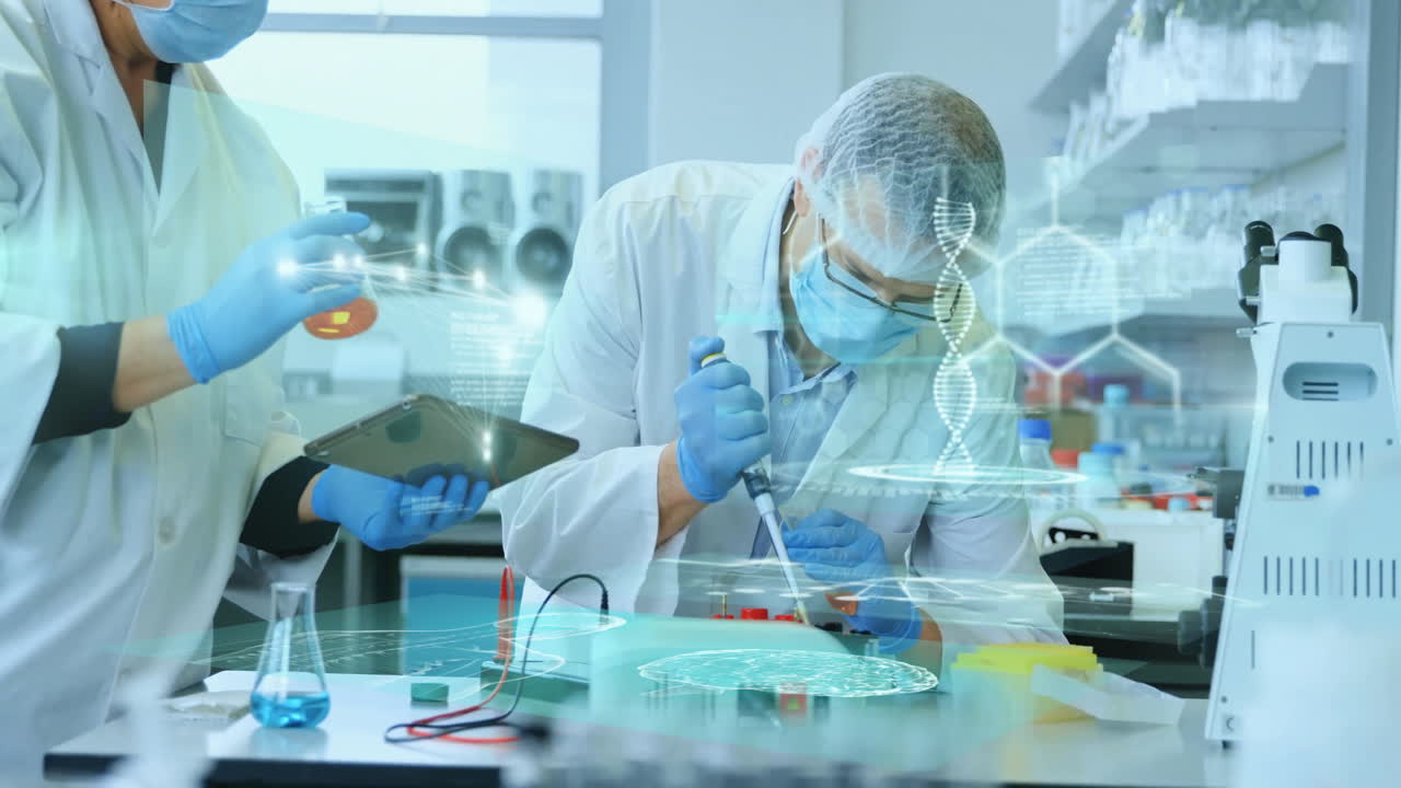 In laboratory, scientists in lab coats analyzing digital DNA animation hologram