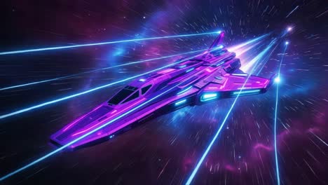 futuristic spacecraft navigating through a cosmic nebula with neon lights and streaking energy trails in a vibrant galactic environment