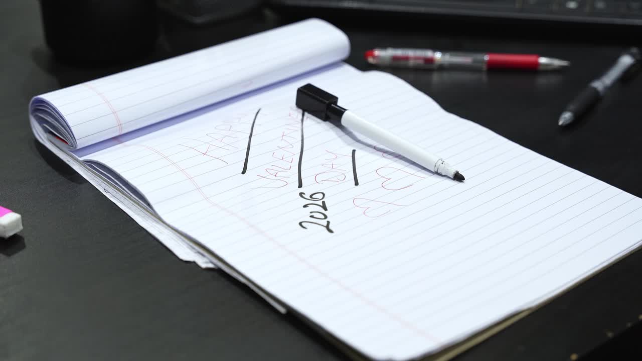 Close-up of a hand writing 2026 on lined notebook with black marker on office desk, showing future years timeline, goal setting, productivity and personal planning concept